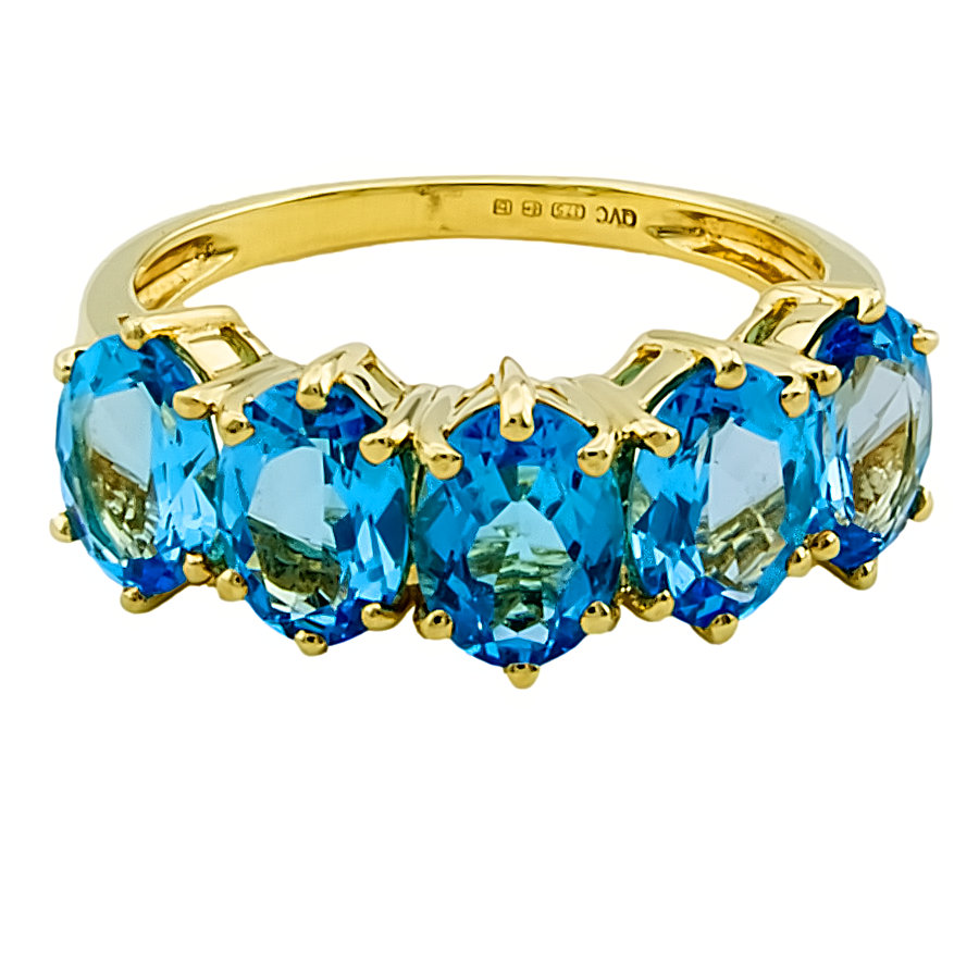 9ct Gold Blue Topaz 5 Stone Ring size N